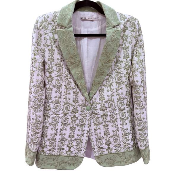 Alice + Olivia Macey Embroidered Cotton Linen Blazer Republic Geo Green Size 2 - Picture 7 of 16
